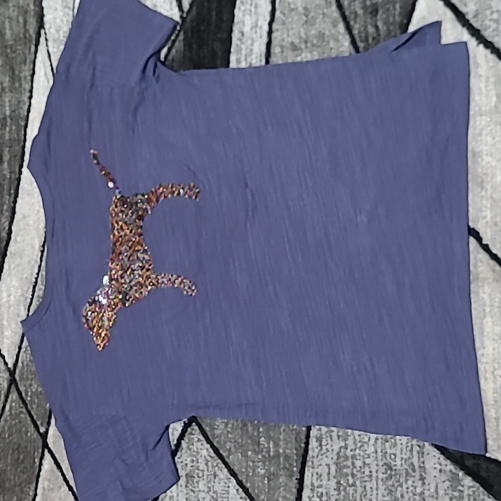 VS PINK 2018 CAMPUS SEQUINS CHANGING COLORS EMBROIDERED V-NECK NAVY  TEE…